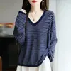 Otoño 2026 Nuevo Suéter de Punto de Imitación de Lana de Alta Calidad para Mujer, Cuello en V, Jersey de Punto, Doble Raya, Suelto, Estilo Coreano, Prenda Base
