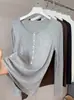 Capa base para mujer Lyocell Tencel Acetato Lana Merino Botones Rayas Otoño Invierno Corte Ajustado Elástico Manga Larga Top Tejido