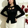 Otoño Invierno Nuevo Estilo Coreano Estilo Pequeño Chanel Prendas de Punto Cuello Redondo Corbata de Lazo Cordones Botón de Corazón Manga Larga Top Mujer