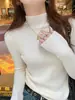 Camiseta Térmica de Punto con Cuello Medio Alto Roscado para Mujer, Top Interior Básico Ajustado, Suéter Blanco de Primavera Otoño