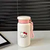 Caneca isolada de aço inoxidável de gatinho fofo, design de desenho animado, adequada para meninas, portátil com alça, caneca de leite, garrafa de água para estudantes