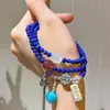 Pulseira de Prata Esterlina 925 Design Retrô de Múltiplos Círculos com Lápis Lazúli Natural de Alta Qualidade, Pedra da Lua, Amazonita e Cristal de Morango