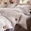 Juego de Cama Cuatro Piezas Estilo Japonés Sencillo 100% Algodón con Diseño de Rayas Botones Sin Estampado, Funda Nórdica Color Sólido de Algodón Puro, Sábana Plana y Sábana Ajustable