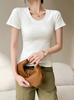Playera de Manga Corta con Cuello Redondo Estilo Coreano para Mujer Primavera y Verano Sexy Slim Hombro Derecho Blanco Top Básico de Algodón