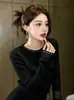 Elegante Suéter Pulôver para o Dia a Dia Feminino, Novo Estilo Outono e Inverno, com Bordas Enroladas e Design Vazado, Suéter de Malha Base para Mulheres
