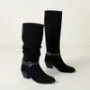 Botas femininas transfronteiriças de outono e inverno plus size, sola de borracha antiderrapante macia, botas leves de cano médio, botas Martin de camurça com salto alto e salto quadrado para mulheres