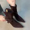 Botas para mujer 2025 nuevo estilo, elegantes y versátiles, de ante con punta fina, correa cruzada con hebilla, cierre de cremallera trasera, tacón de aguja, botines