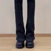 Sapatos femininos de couro, simples e estilosos, com bico redondo, tira elástica e corte profundo, confortáveis para os pés, sapatos de salto único com sola grossa que aumentam a altura
