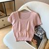 Tiro Real~Top de Punto de Verano Estilo Francés Inspirado en Chanel con Diseño Hueco, Camiseta de Manga Corta de Seda Helada para Mujer con Cuello Cuadrado que Expone la Clavícula