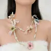 Collar de Flores de Colores Dulce y Fresco con Cuentas para Mujer, Cadena Doble para Clavícula, Cadena para el Cuello Elegante y de Alta Gama