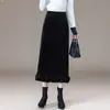 Falda Midi Negra A-Line Adelgazante de Cintura Alta Personalizada para Mujer, Otoño/Invierno, Dobladillo Fruncido, Elegante Versátil para Viajes/Ocio