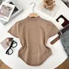 Moda Versátil Gola Meia-Alta Irregular Slim-Fit Suéter Curto de Tricô Manga Curta Camisa Base Camiseta Top