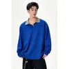 Camiseta de Manga Larga a Cuadros para Jóvenes Marca Trendy Klein Talla Grande Solapa Oversized INS Código Azul Sudadera Holgada Hombre Otoño