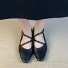 Zapatos Mary Jane franceses vintage súper suaves de piel de oveja para mujer, punta cuadrada, bailarinas con correa cruzada, elegantes zapatos de un solo color poco profundos