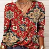 Outono e Inverno 2025 Europeu e Americano Transfronteiriço Amazon Wish Nova Exportação Camiseta Feminina de Manga Longa Estampada com Decote V Larga Solta para Mulheres