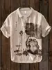 Moda de Verano Tallas Grandes Ropa Juvenil para Hombre Camisa de Manga Corta Cárdigan de Lino Solapa Gato Divertido Estampado de Pintura a Tinta