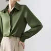 Toma real: Camisa de satén gris azul con botones ocultos para mujer, adecuada para primavera y otoño, con caída, ideal para ir al trabajo, ropa profesional, camisa de manga larga, top para entrevistas
