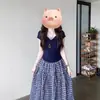 Conjunto de Dos Piezas de Manga Corta Estilo Coreano Tallas Grandes para Mujer, Estilo Universitario de Verano, Falda a Cuadros Elegante y que Favorece la Figura