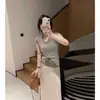Top de punto gris con cuello en U y manga corta para mujer, estilo fino de verano, corte holgado para petite, camiseta estilo perezoso con mangas pequeñas acampanadas