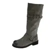 Botas de diseño nicho estilo coreano, botas apiladas vintage desgastadas para mujer, con hebilla de cinturón, de media pantorrilla, hasta la rodilla, botas largas grises de Xinjiang