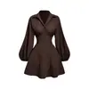 Vestido de Color Sólido Elegante Estilo Francés, Nuevo para Primavera y Otoño, con Cintura Ajustada, Mangas Abullonadas y Cuello en V, Moda para Mujer