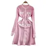 Vestido de punto de manga larga con cuello redondo y color contrastante a la moda para mujer, aspecto adelgazante, elegante falda de línea A