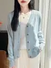 Cárdigan de punto fino, ligero, para verano, de manga larga, cómodo y elegante, nuevo diseño liso para mujer, cuello en V