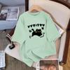 Verão Novo Estilo Estampa de Gato Desenho Animado Algodão Puro Manga Curta Top Roxo Ombro Direito Decote Redondo Tamanho Grande Solto Redutor de Idade Camiseta