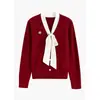 Suéter de Tricô de Seda de Amora com Gola V e Manga Longa Novo Outono 2026 para Mulheres, Estilo Chanel com Laço, Top Versátil de Alta Qualidade