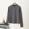 Camiseta de Manga Larga con Cuello Medio Rayado para Mujer, Temporada Otoño e Invierno, Hombro Normal, Ajuste Ceñido como Capa Base, Ropa Interior Cálida