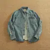 Camisa jeans masculina casual estilo americano de manga comprida, jaqueta camisa casual de workwear com lavagem pesada e desgastada para outono, para usar em camadas