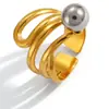 Anillo de Acero Inoxidable Transfronterizo con Diseño Geométrico, Colores Contrastantes Dorado y Plateado, Líneas Circulares, Multicapa, Personalizable, Moderno, Joyería Chapada en Oro