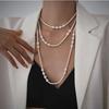 Colar de pérolas clavícula cadeia incrustada de diamantes olho de gato cruz oval distintiva longa pérola estilo francês colar retrô para mulheres