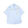 Camisa Xadrez de Manga Curta para Meninos, Divertida Bordado de Planta Floral Pequena de Desenho Animado, Camisa com Gola, Caimento Solto, Tendência de Vibe de Verão