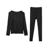 Ropa interior térmica de lyocell para otoño e invierno, capa base fina, camiseta de capa base, suave, amigable con la piel, sin costuras, cuello redondo, conjunto cálido para mujer