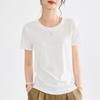 Camiseta Ligera de Tencel Lino Hombro Ancho Cuello Redondo Manga Corta para Mujer Color Sólido Simple Versátil Top Verano Mujer 1688