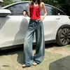2026 Jeans Retrô Cross Americano|Design com Cintura Elástica e Punhos|Jeans Feminino de Perna Larga Reta Solto Estilo Novo Yi Chun