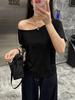 Camiseta Feminina de Verão Estilo Americano com Ombro Caído, Manga Curta, Algodão, Estilo Coreano Solto, Estilo Preguiçoso, Design com Senso, Top Ombro a Ombro