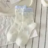 Meias femininas de algodão puro com laços, estilo balé coreano, acabamento em renda, comprimento até a panturrilha, punho com costura dupla, fofas e versáteis, meias femininas sem costura