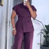 Roupas Femininas Europeias e Americanas 2025 Novo Estilo Outono Doce e Fresco Camisa de Gola Alta com Botões Duplos Calça Reta de Cintura Alta Conjunto de Duas Peças