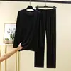Pantalones Largos de Modal Traje para Casa para Hombre Otoño Delgado Camiseta de Cuello Redondo Pantalones Rectos Sueltos Conjunto de Dos Piezas