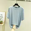Nueva camiseta de verano de color liso, talla grande, de modal, cuello redondo, manga corta para mujer, camiseta básica fina de corte holgado