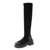 Botas largas de tubo alto forradas de forro polar 2026 nuevas populares de otoño e invierno elásticas ajustadas botas de suela gruesa de gamuza hasta la rodilla para mujer