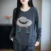 Sombrero de paja de lana fina agradable para la piel con estampado atractivo, cuello redondo, mangas largas, ligero y transpirable, adecuado para el uso casual diario en primavera y otoño