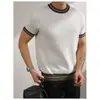 Top de Punto Cruzado para Hombre de Manga Corta, Bloques de Color, Rayas, Cuello Redondo, Estilo Old Money, Negocios, Gama Alta, Verano, Seda Helada, Casual