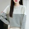 Suéter de tricô listrado 100% algodão puro, suéter feminino de gola redonda, novo estilo outono/inverno, modelagem solta, efeito emagrecedor, segunda pele 100% algodão, blusa feminina