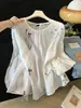 Camisa de ramio bordada para mujer, hermosa para vacaciones, holgada y estiliza la figura, top fino protector solar, nuevo color albaricoque de verano con motivos vegetales y florales