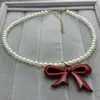 Estilo Doce e Cool Japonês e Coreano Ankora Laço Vermelho Pingente de Coração Colar de Pérolas Corrente para Clavícula