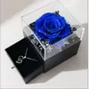 Caixa de Joias com Flor Real Rosa Imortal e Luz, Gaveta Dupla de Acrílico para Anel, Colar, Caixa de Presente
