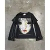 Sudadera con Capucha y Cuello Redondo de Manga Larga Negra Holgada Estampada Estilo Callejero Americano Y2K Estilo Terror Transfronterizo Europeo y Americano